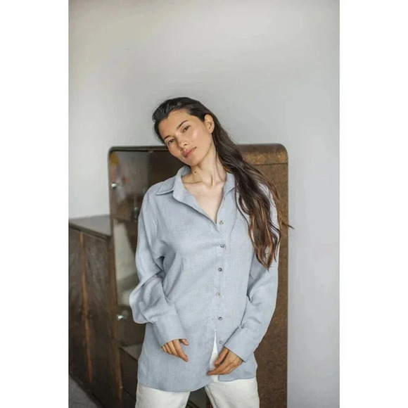Sand Snow 100% Stonewashed Linen Long Sleeve Shirt Blue L/XL Seashell Buttons - Picture 1 of 14